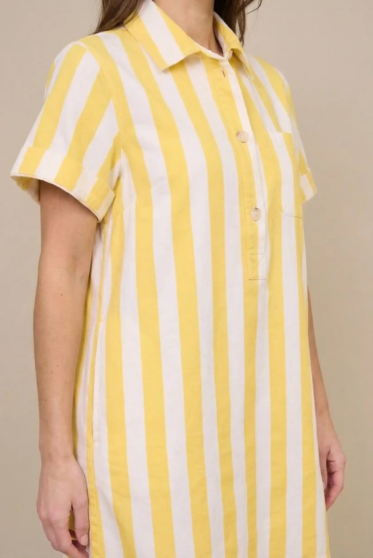 Vestido casual de mujer con rayas verticales amarillo y blanco, manga corta, ideal primavera