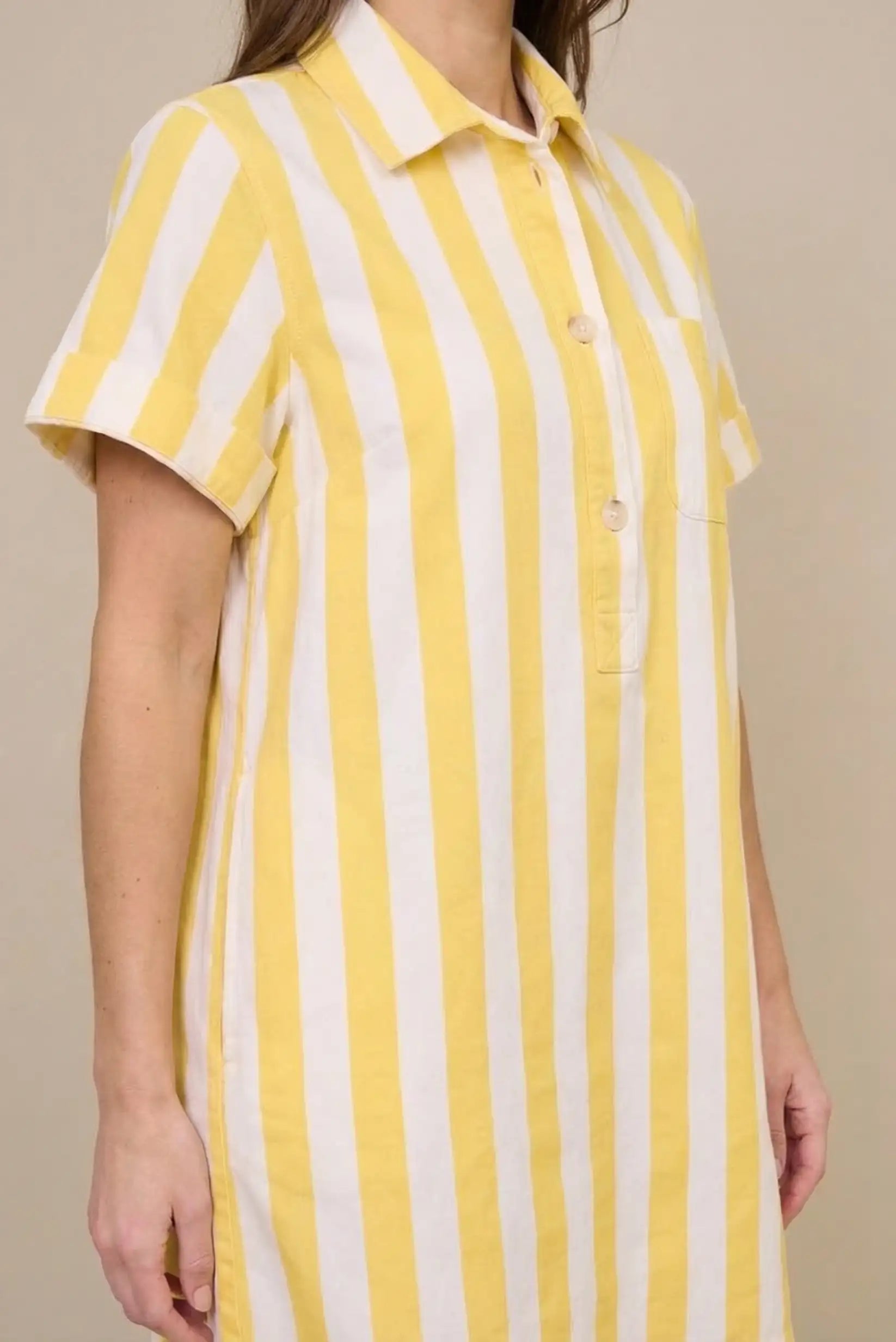 Vestido casual de mujer con rayas verticales amarillo y blanco, manga corta, ideal primavera