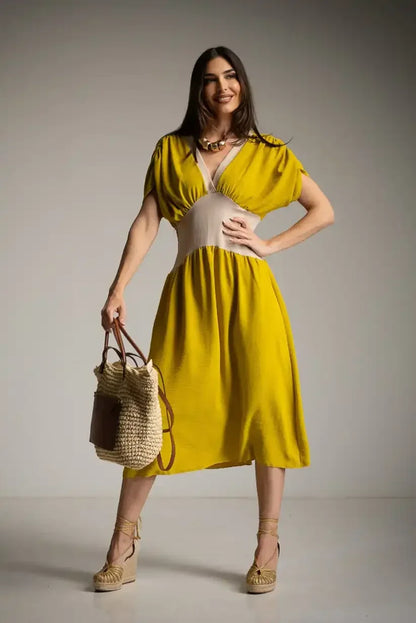 Vestido Bicolor Lima Mujer Corte Midi Primavera Verano Cintura Elástica - CHICA del Sur