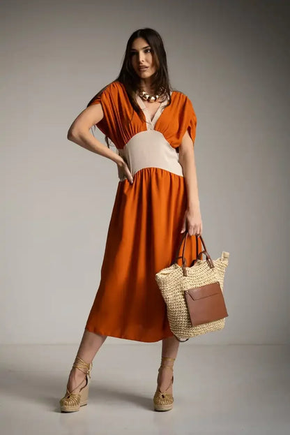 Vestido Bicolor Naranja Mujer Verano con Cintura Engomada Cómoda - CHICA del Sur