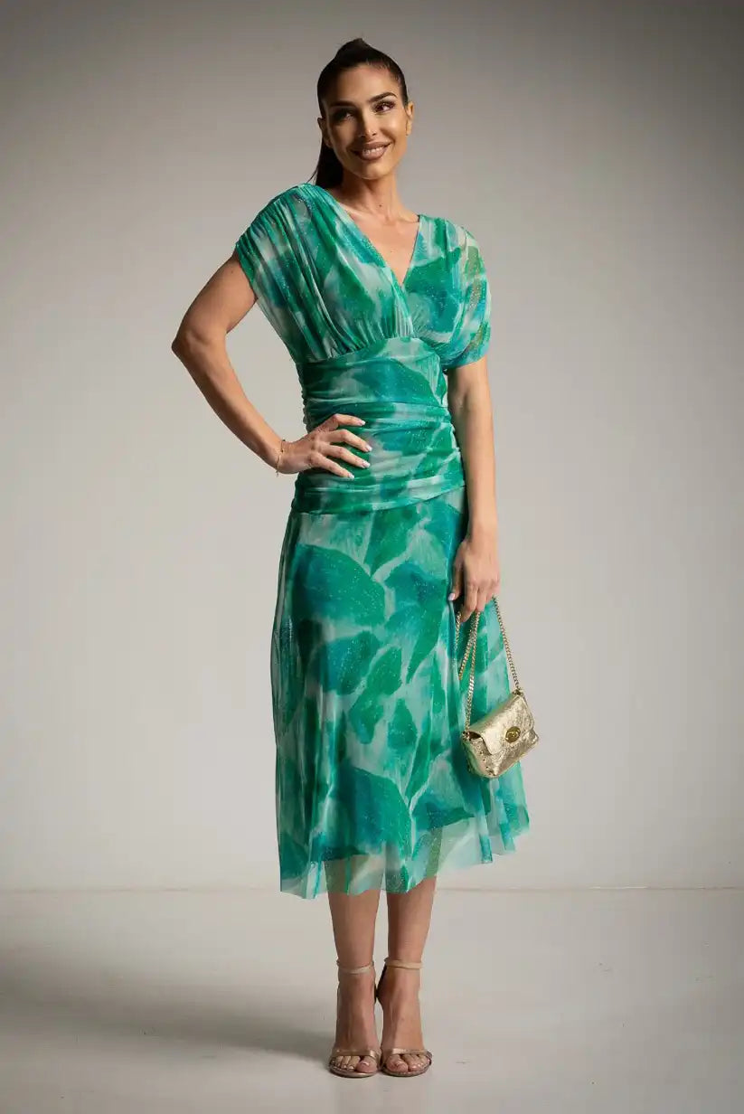 Vestido tul verde drapeado primavera verano | Estampado floral, corte midi - CHICA del Sur