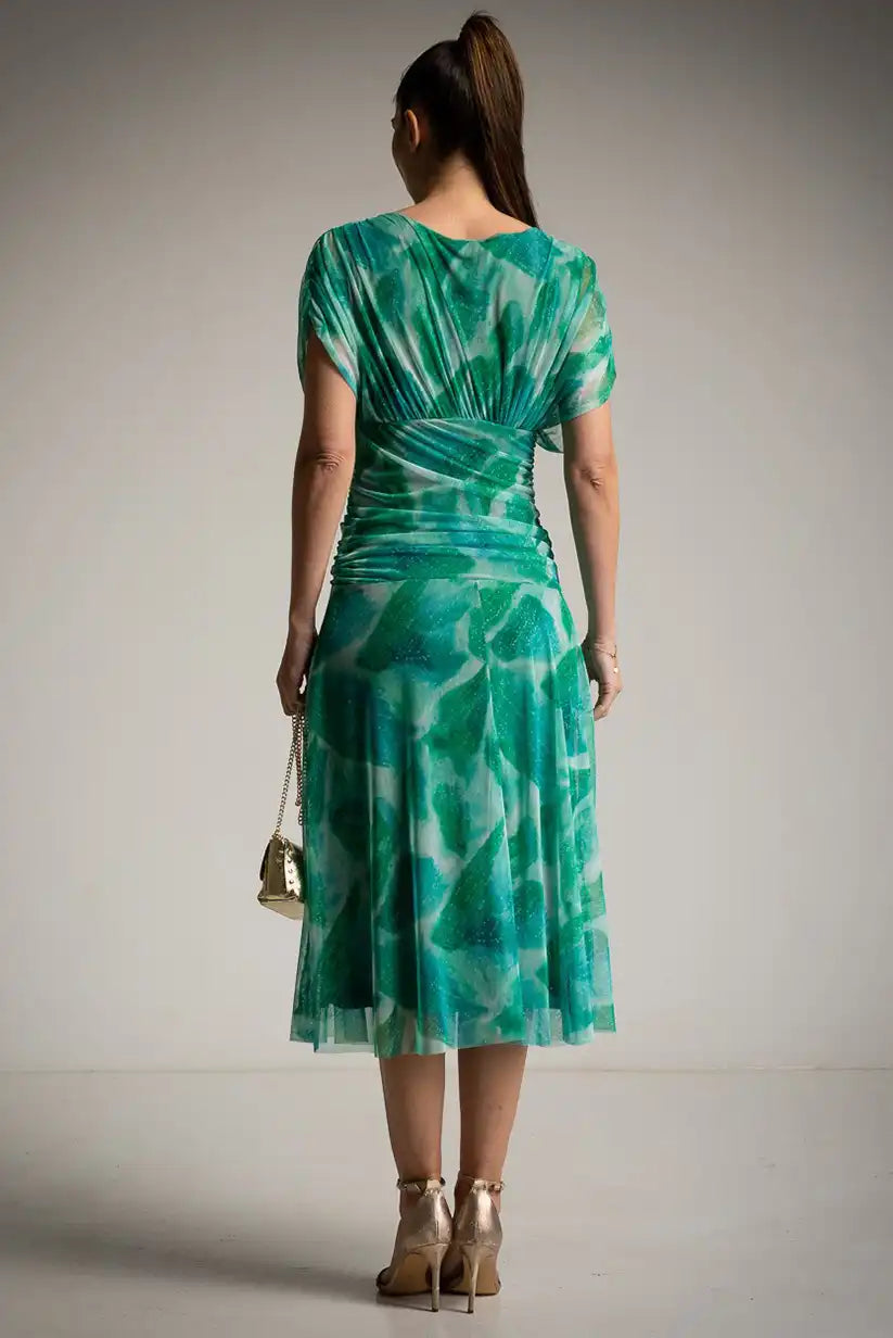 Vestido tul verde drapeado primavera verano | Estampado floral, corte midi - CHICA del Sur