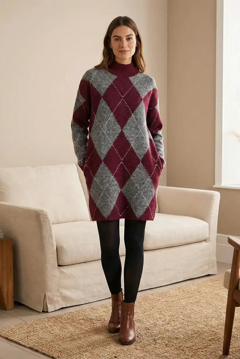 Vestido de mujer rombos burdeos y gris