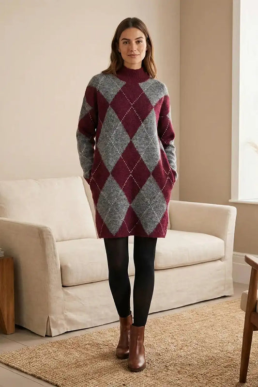 Vestido de mujer rombos burdeos y gris