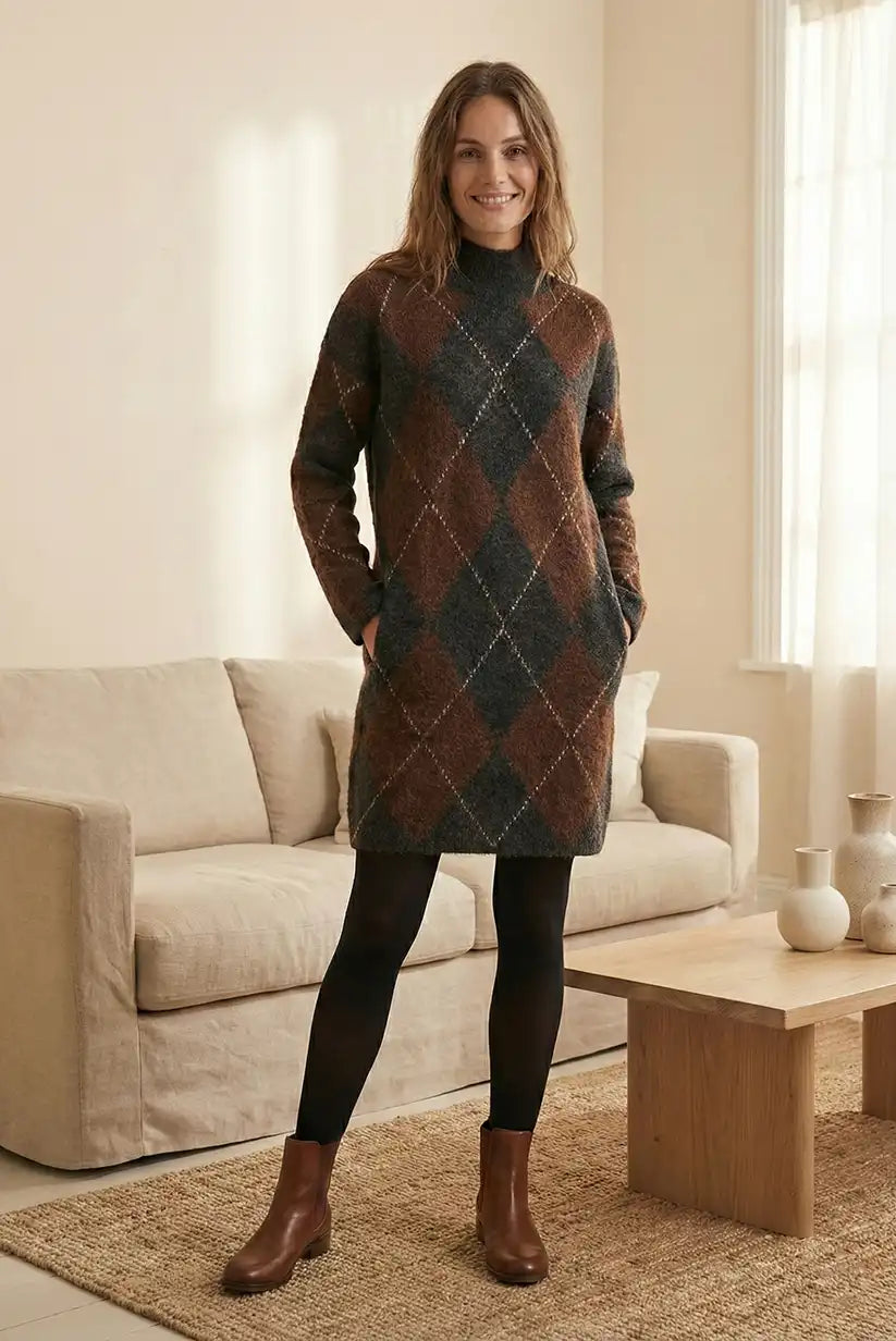 Vestido de mujer rombos marrón y gris