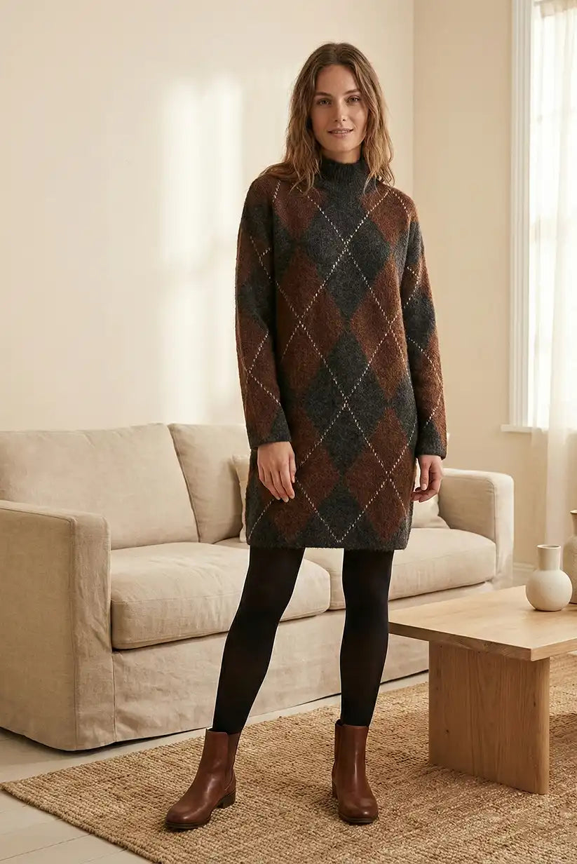 Vestido de mujer rombos marrón y gris