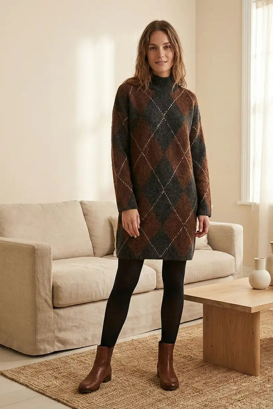 Vestido de mujer rombos marrón y gris