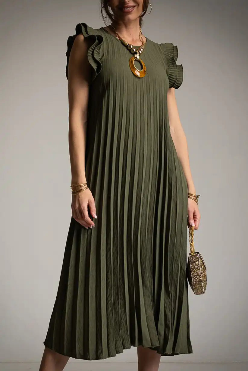 Vestido plisado verde kaki con manga rebozada – primavera verano – talla única - CHICA del Sur