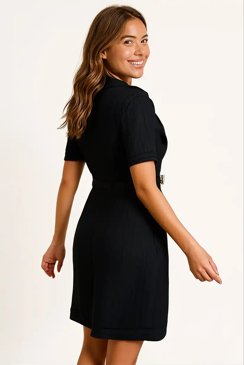 Vestido Punto Negro Mujer Elegante con Cinturón y Botones Dorados - CHICA del Sur